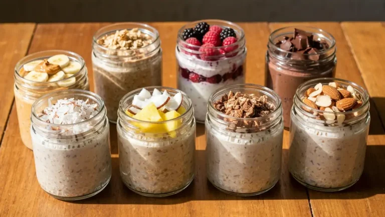 Siedem różnych owoców overnight oats w słoikach, ustawione w rzędzie, świeże jagody i owoce tropikalne na boku