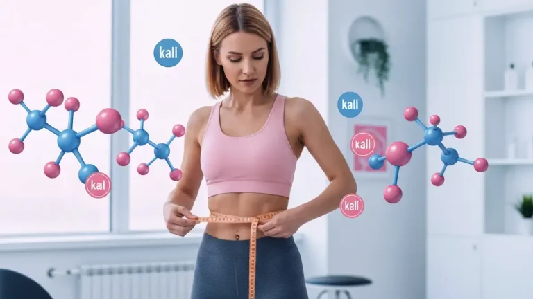 Kobieta mierząca talię z taśmą mierniczą, symbole hormonów i deficytu kalorycznego w tle, PCOS i odchudzanie