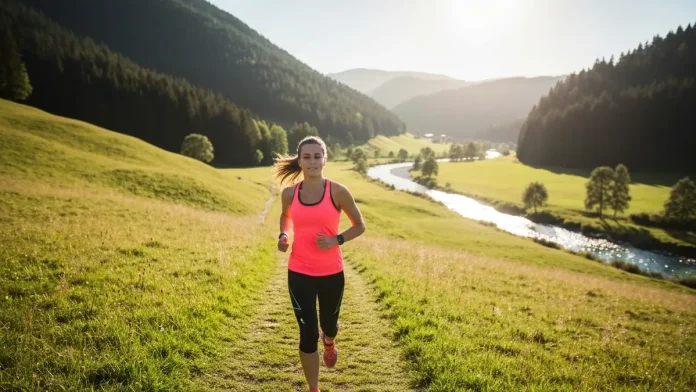Biegacz w terenie biegnie 10 km na trawie, słoneczny dzień, zachwycający krajobraz
