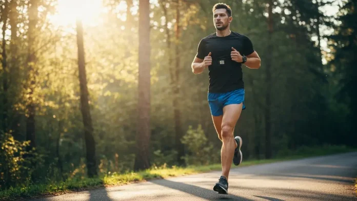 Mężczyzna w sportowym stroju biegnie po asfaltowej ścieżce w lesie, z widokiem na zegarek treningowy na przedramieniu, dynamiczny ruch, światło słoneczne