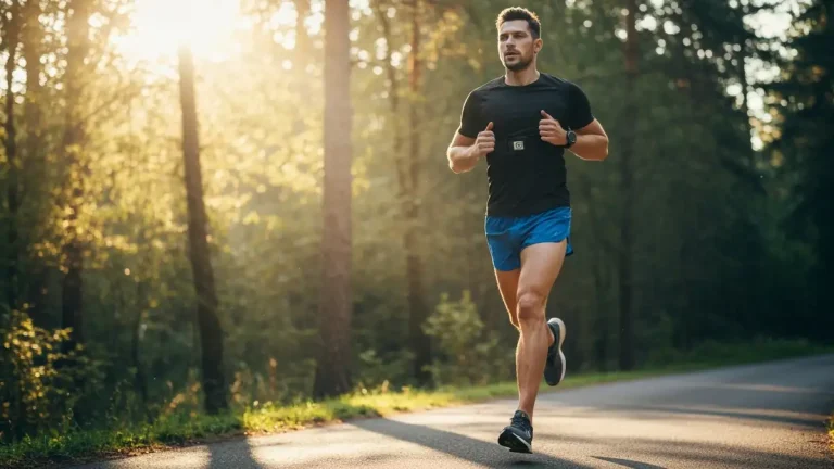 Mężczyzna w sportowym stroju biegnie po asfaltowej ścieżce w lesie, z widokiem na zegarek treningowy na przedramieniu, dynamiczny ruch, światło słoneczne