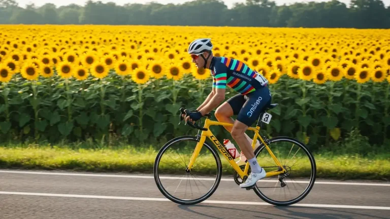 Kolarz w stroju rowerowym jadący na żółtym szosowym rowerze po drodze wśród pól słonecznikami, widok z przodu, energiczny wizerunek przygotowania do 100 km