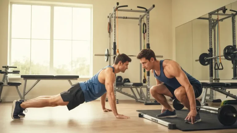Mężczyzna w fitness stroju wykonujący ćwiczenia z masą własną - przysiady i pompki w domowej siłowni
