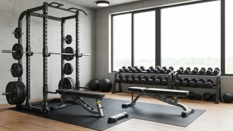 Power rack (klatka treningowa) w domowej siłowni z sztangą i hantlami