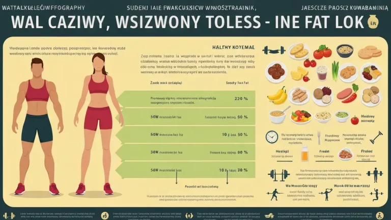 Diagram pokazujący proces redukcji tkanki tłuszczowej - kobieta i mężczyzna na tle wykresu spadku wagi, z symbolami zdrowej diety i treningu siłowego