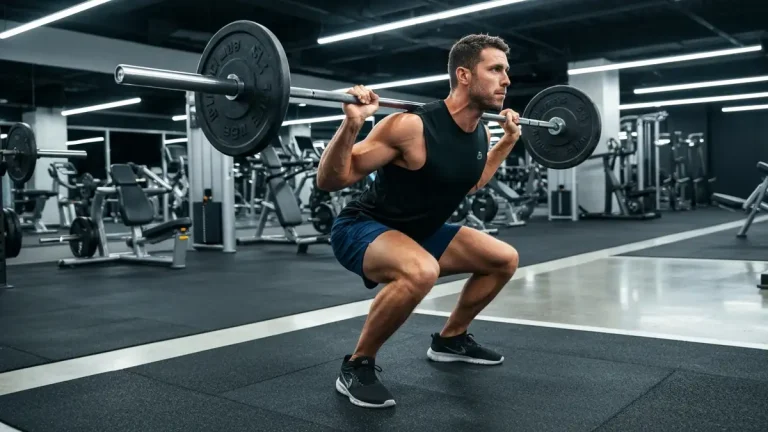 Mężczyzna wykonujący przysiad ze sztangą w sali treningowej - Stronglifts 5x5
