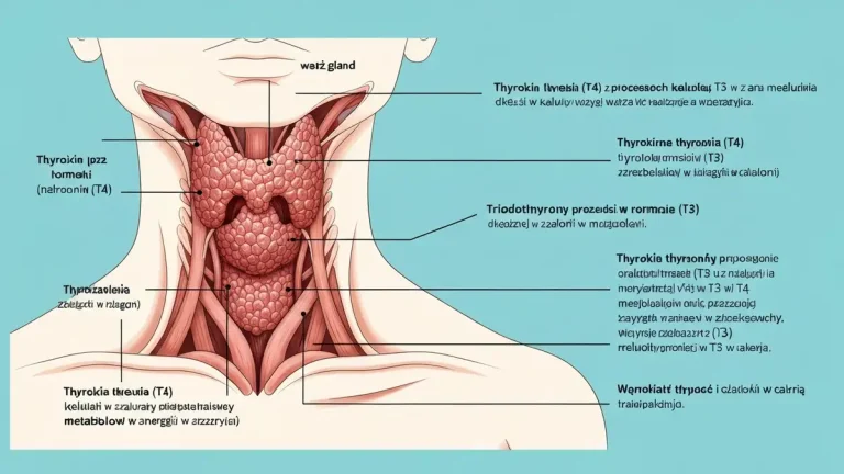 Schemat grzybkowaty: gland tarczycowa w szyi, hormony T3 i T4, wpływ na metabolizm i spalanie kalorii