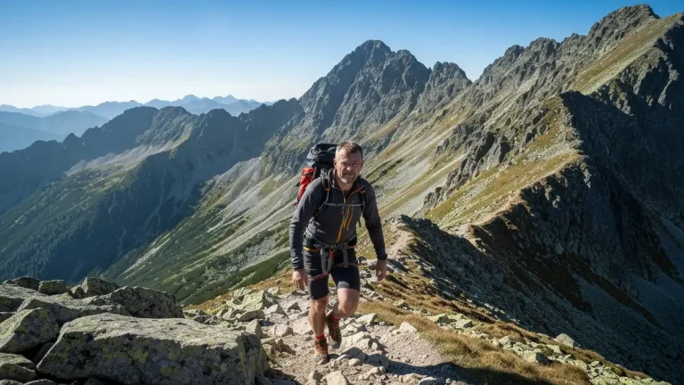 Trekking w Tatrach na szlaku do Rysów, góry pokryte zielenią, turystka w stroju trekkingowym