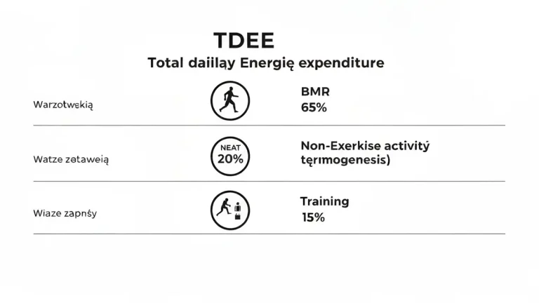 Infografika składników TDEE: BMR, NEAT i aktywność treningowa z procentową zawartością