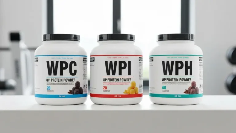 Trzy pojemniki z odżywką białkową WPC, WPI i WPH obok siebie na blacie siłowni