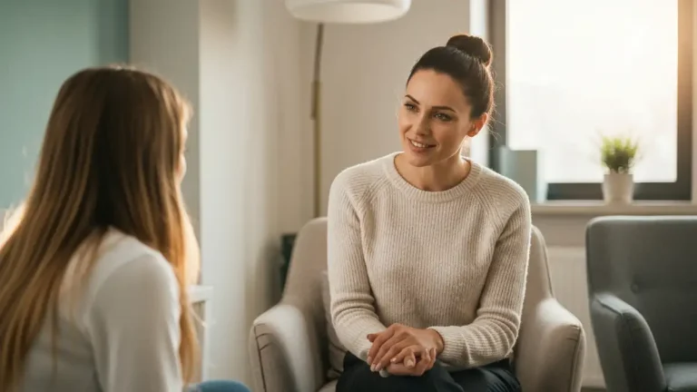 Kobieta rozmawia z psychologiem o zaburzeniach odżywiania, przytulona i wspomagana